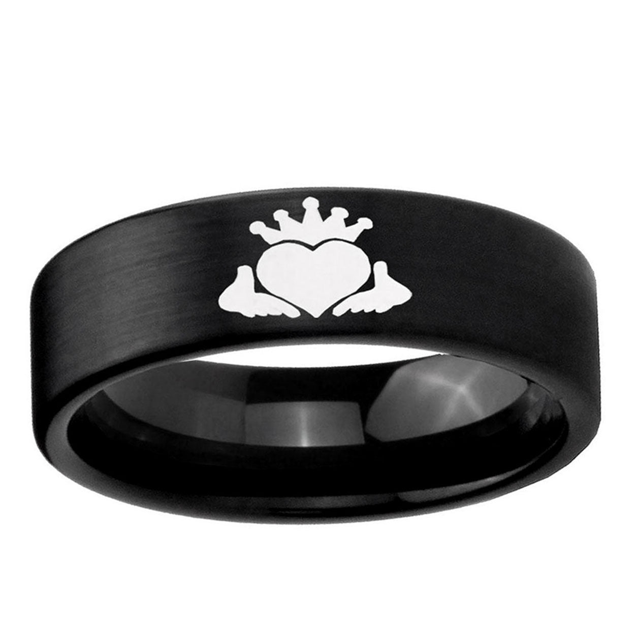 6mm Claddagh Design Pipe Cut Brush Black Tungsten Ring