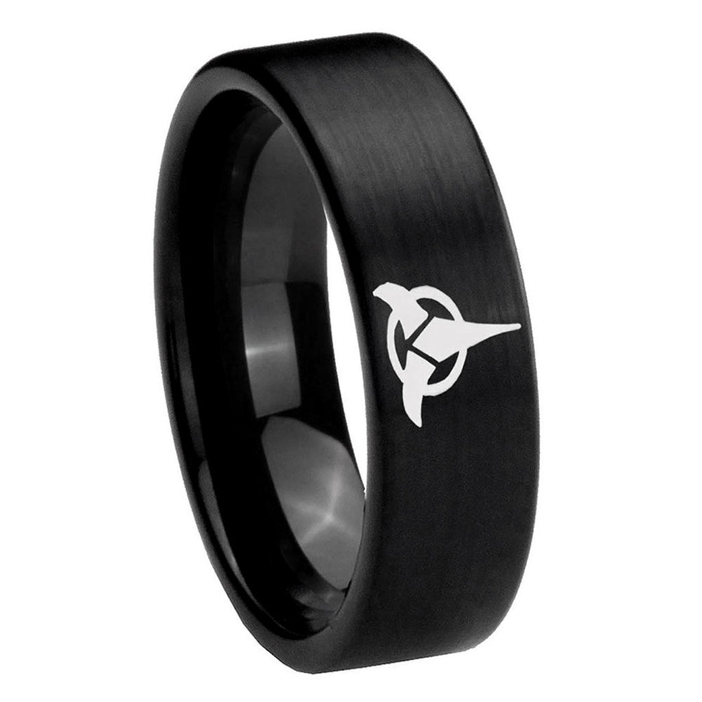 8mm Klingon Pipe Cut Brush Black Tungsten Engraved Ring