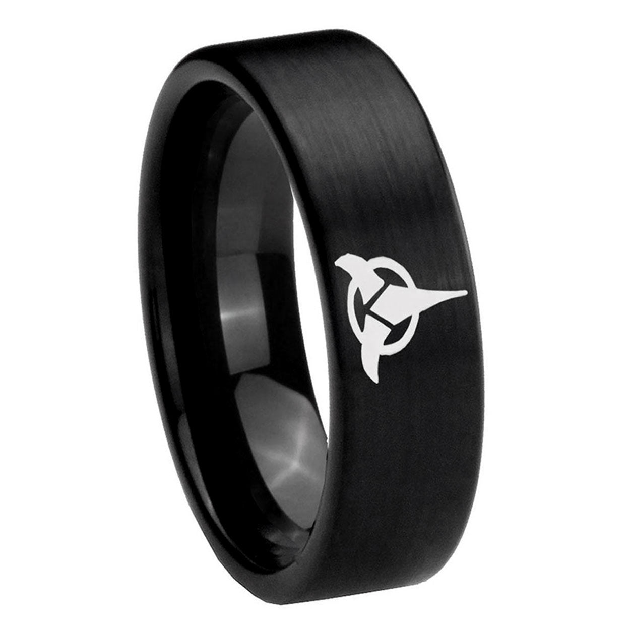 8mm Klingon Pipe Cut Brush Black Tungsten Engraved Ring