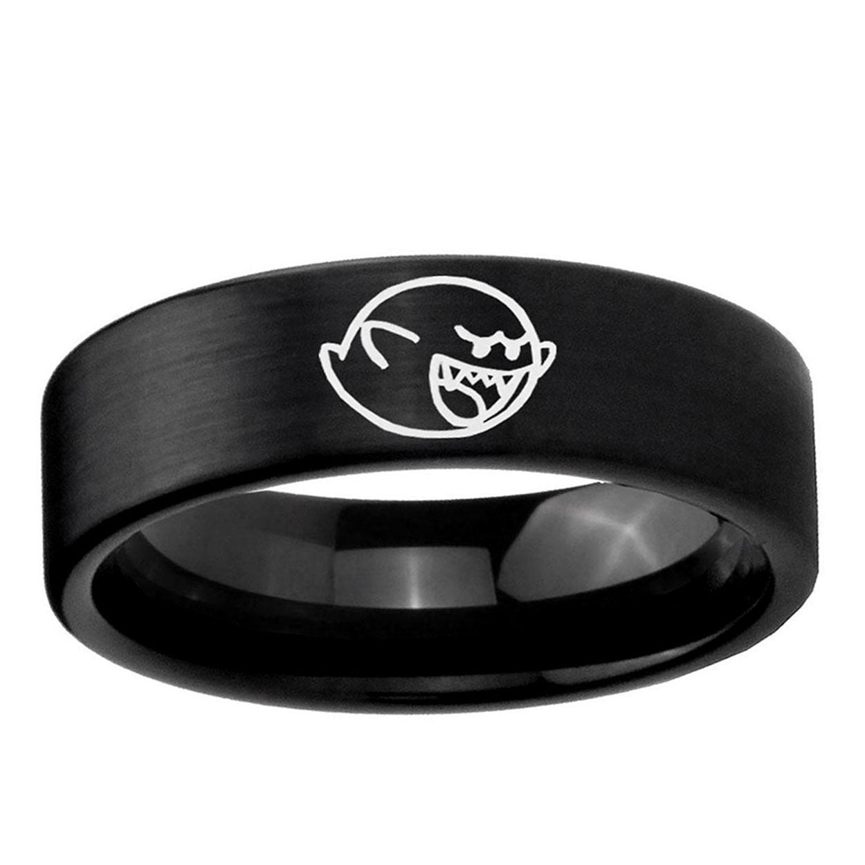 6mm Mario Boo Ghost Pipe Cut Brush Black Tungsten Ring