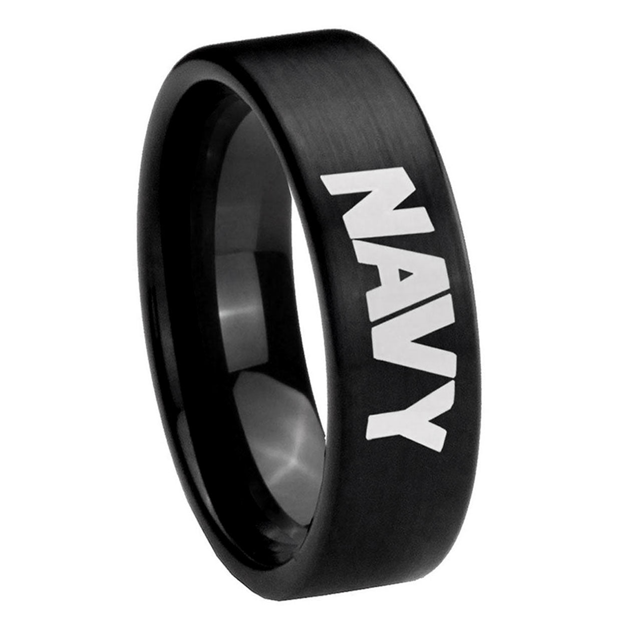 8mm Navy Pipe Cut Brush Black Tungsten Mens Engagement Ring