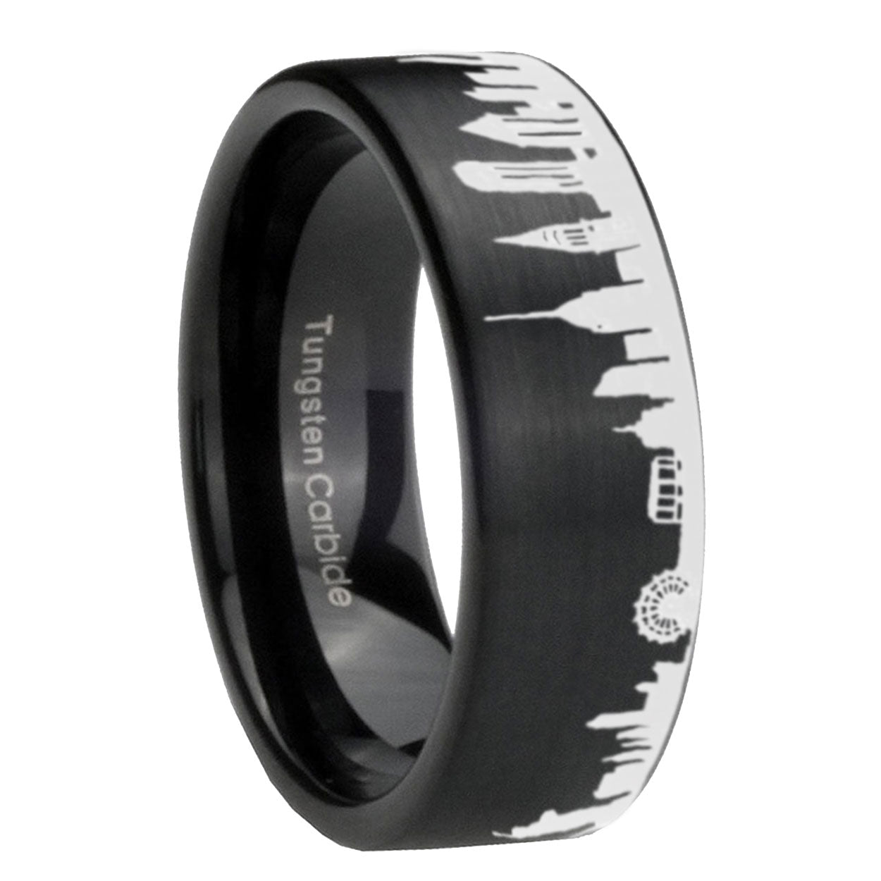 8MM NY New York City Brushed Black Pipe Cut Tungsten Ring For Him