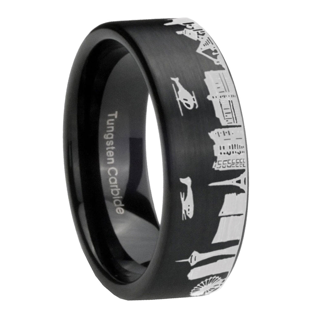 8MM LA Las Vegas City Brushed Black Pipe Cut Tungsten Ring For Him