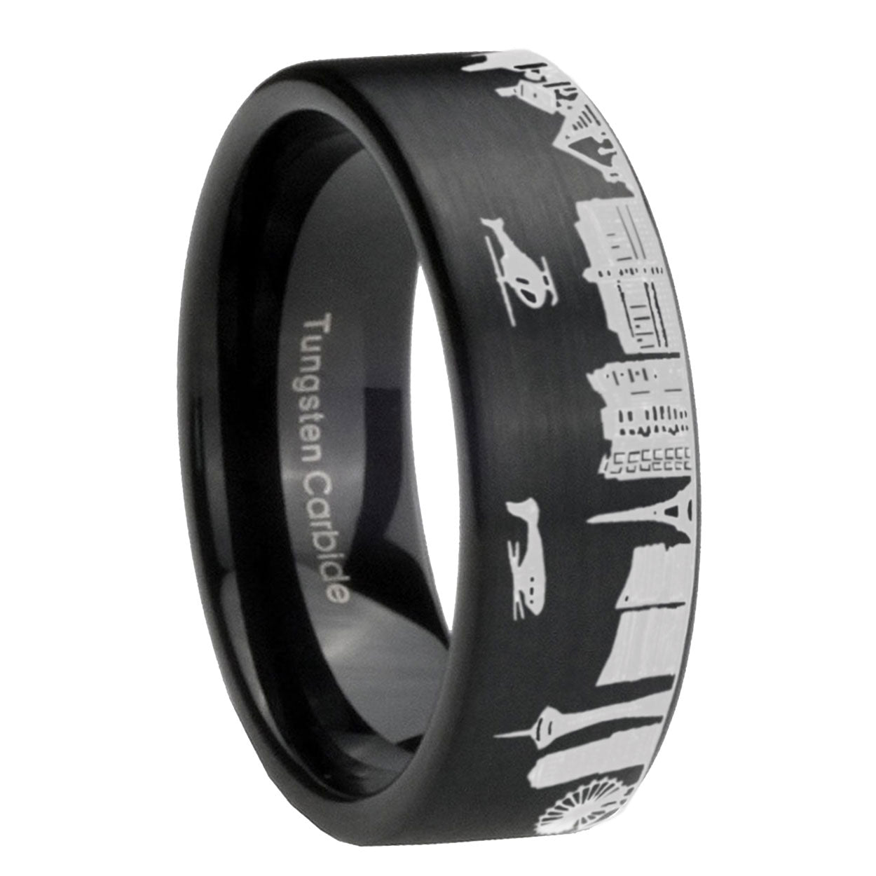 8MM LA Las Vegas City Brushed Black Pipe Cut Tungsten Ring For Him
