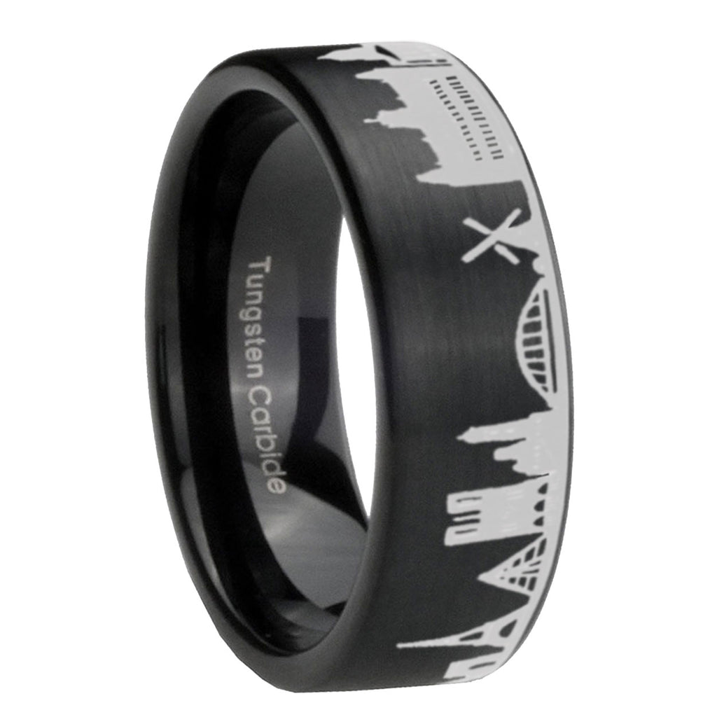 France Paris City Brushed Black Pipe Cut Tungsten Ring For Him