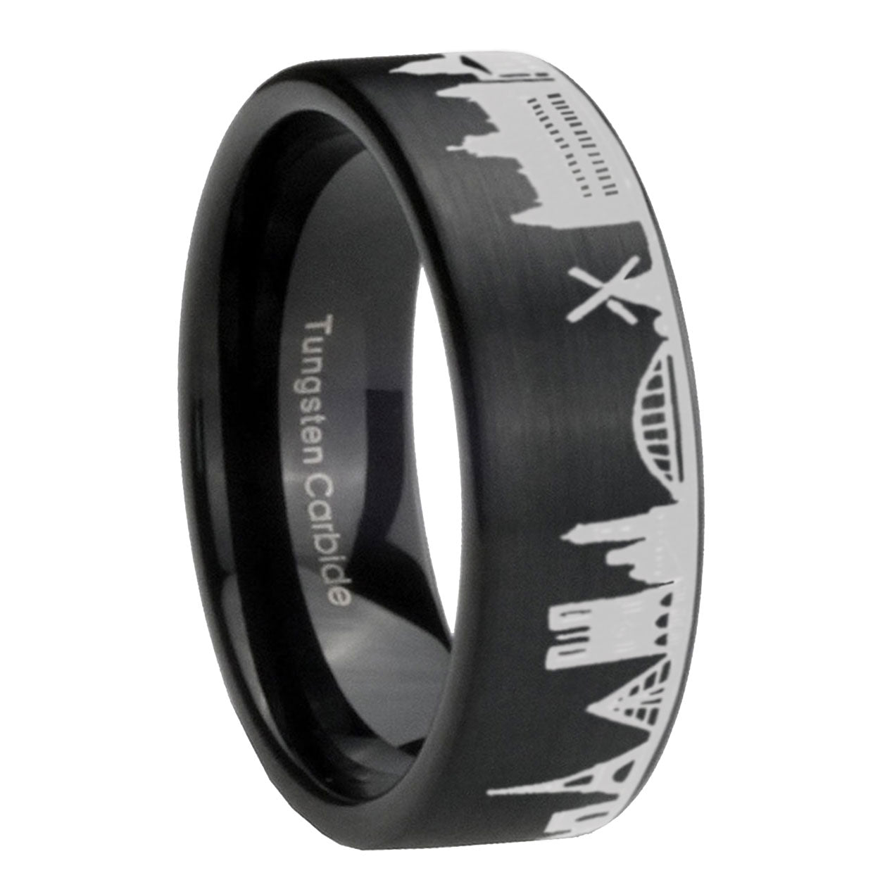 France Paris City Brushed Black Pipe Cut Tungsten Ring For Him