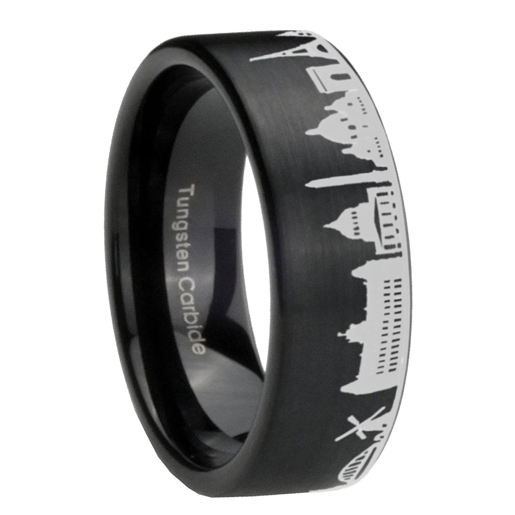 8MM France Paris City Brushed Black Pipe Cut Tungsten Ring For Him