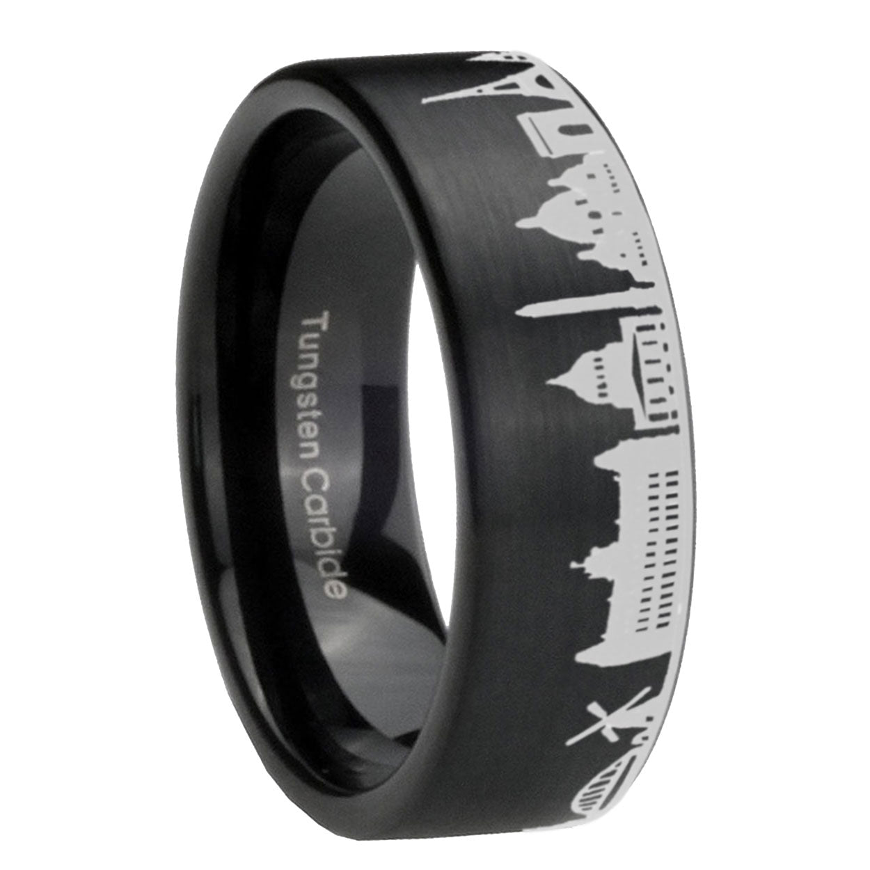 8MM France Paris City Brushed Black Pipe Cut Tungsten Ring For Him