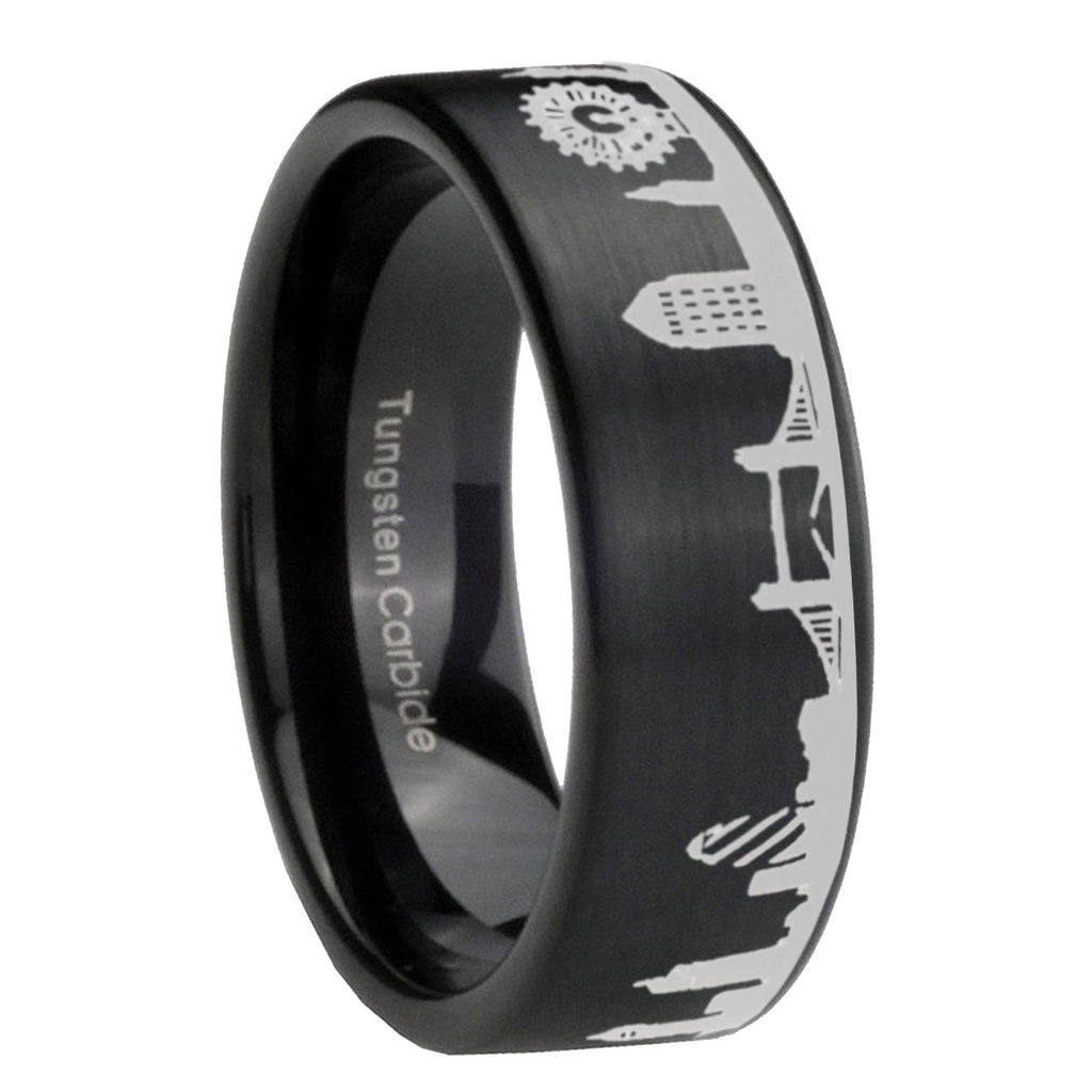 8MM UK London City Brushed Black Pipe Cut Tungsten Ring For Him