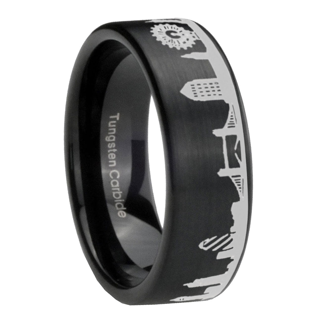 8MM UK London City Brushed Black Pipe Cut Tungsten Ring For Him