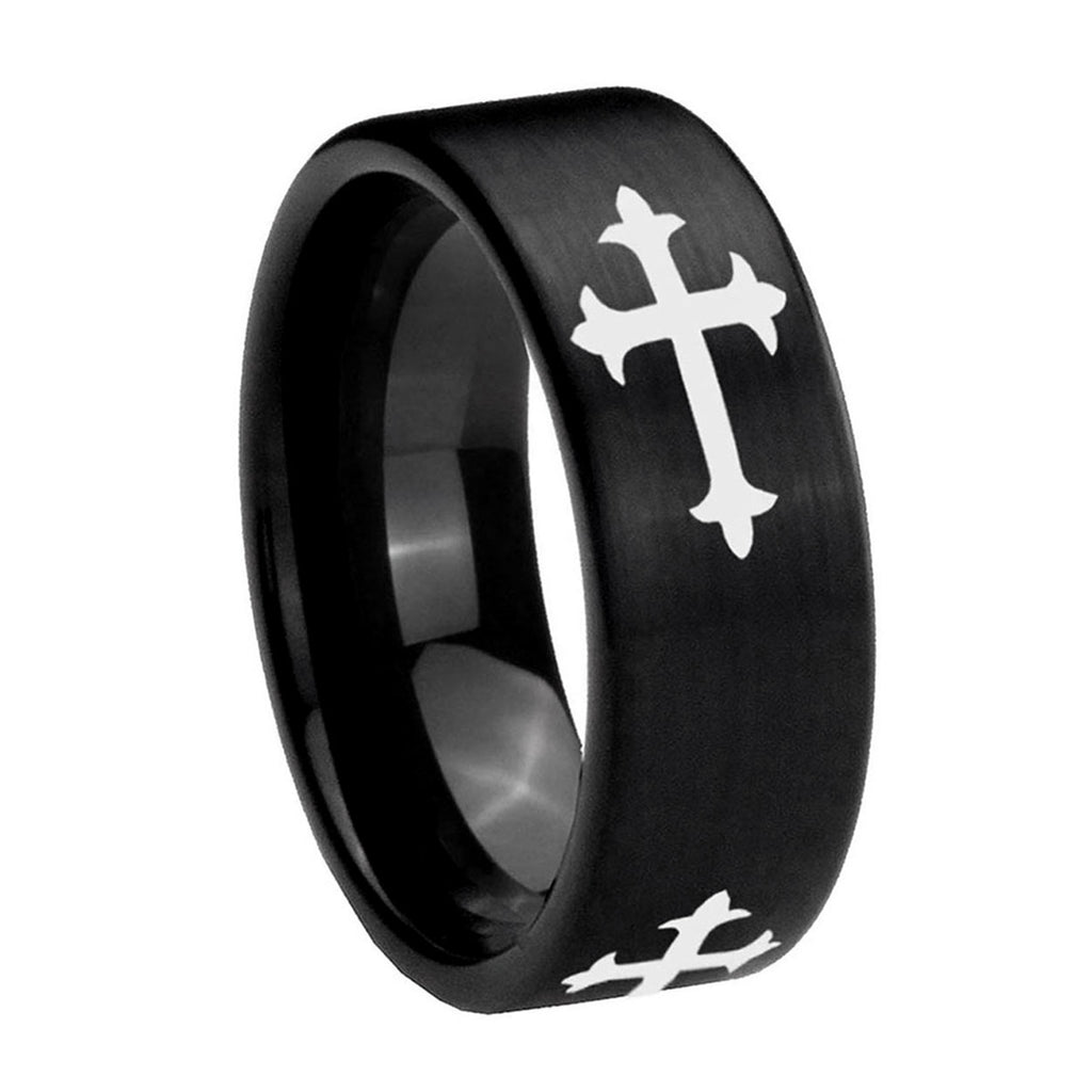 8mm Christian Cross Religious Pipe Cut Black Tungsten Ring