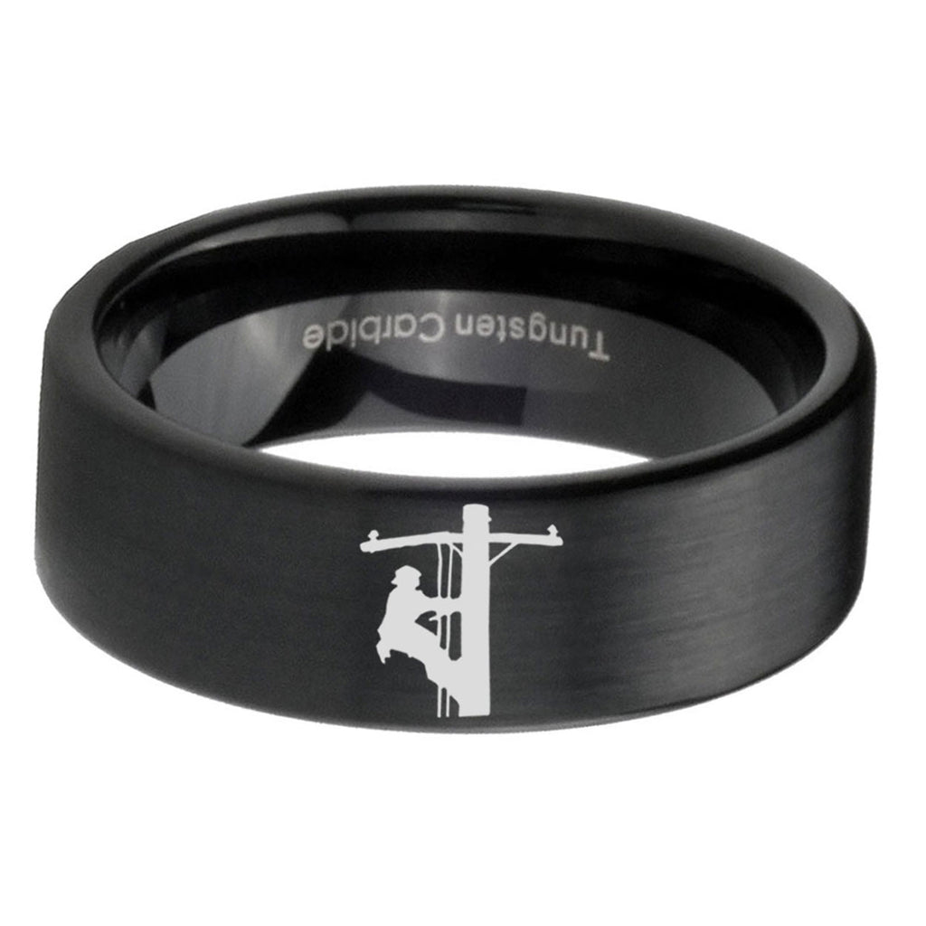 6mm Lineman Symbol Pipe Cut Black Ring Bands For Him