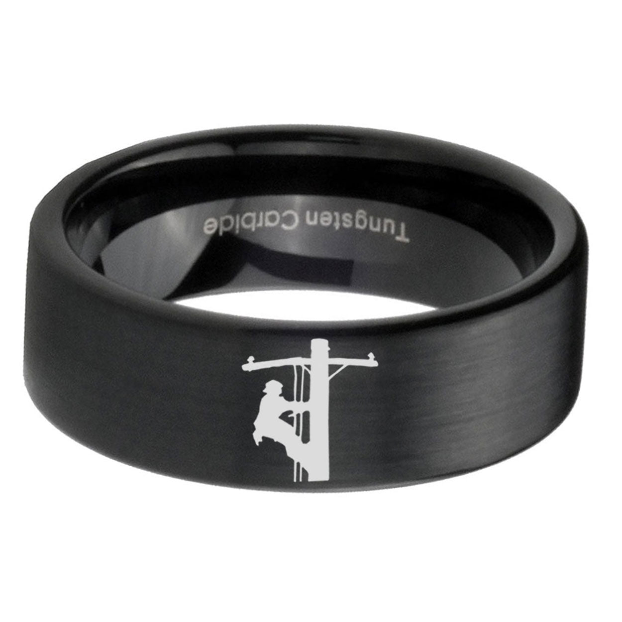 6mm Lineman Symbol Pipe Cut Black Ring Bands For Him