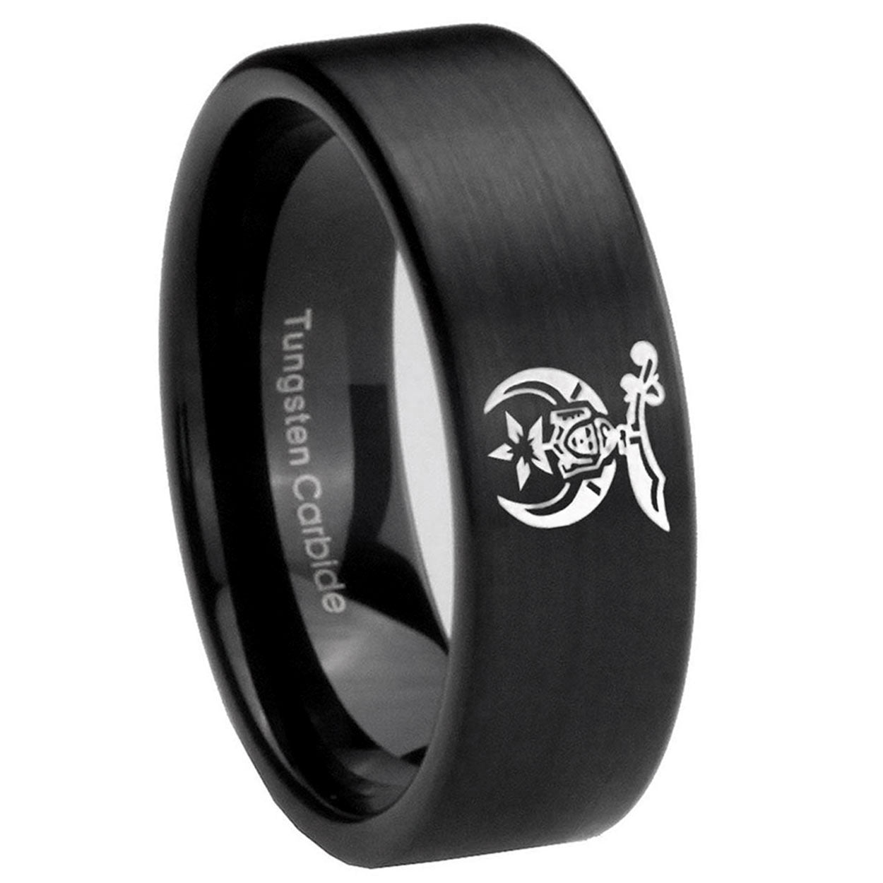 8mm Masonic Shriners Pipe Cut Brush Black Tungsten Band
