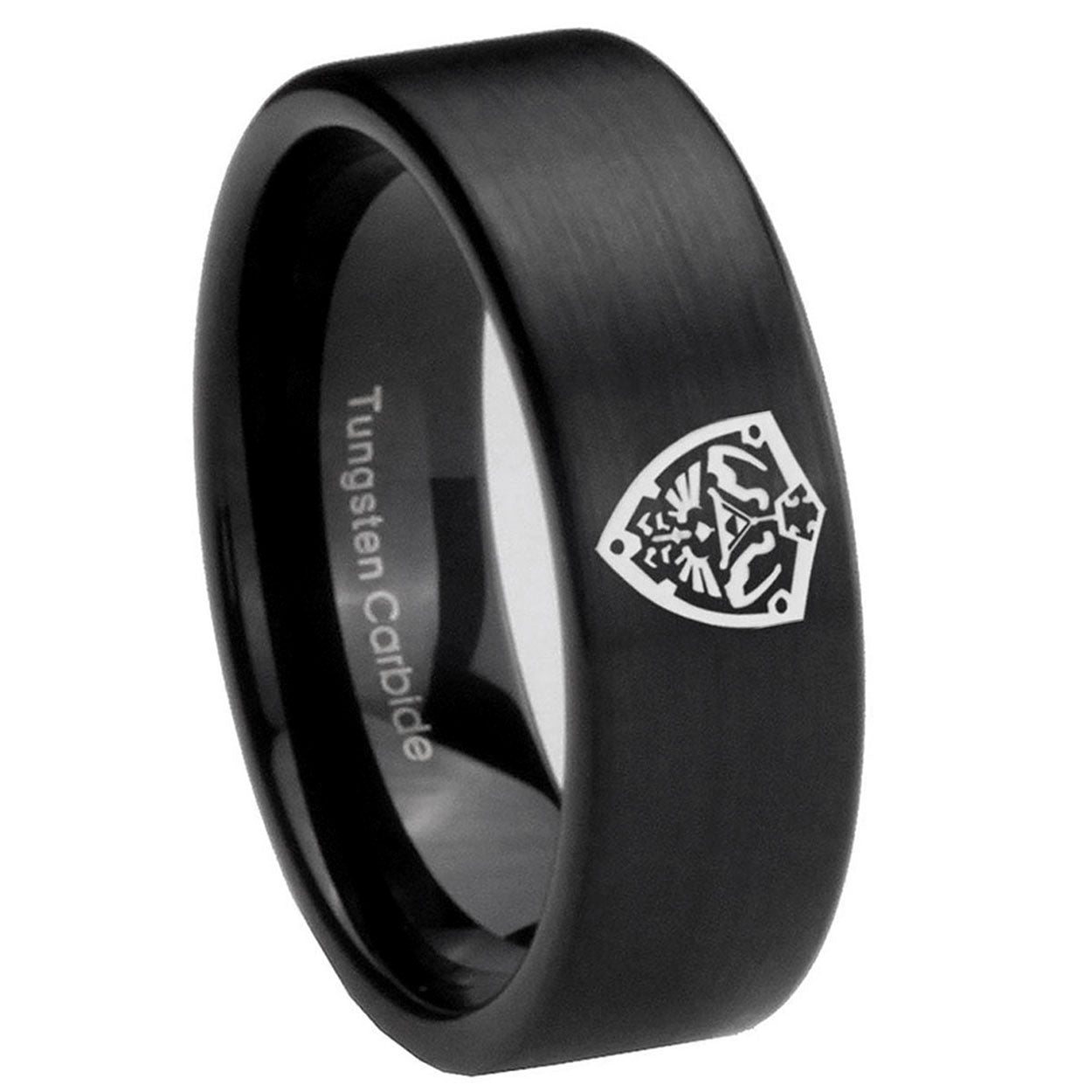 8mm Zelda Hylian Shield Pipe Cut Brush Black Tungsten Ring