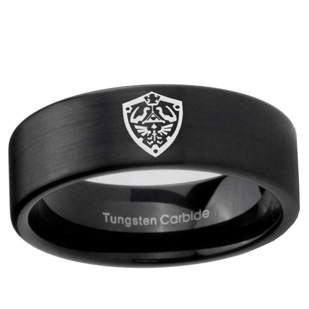 6mm Zelda Hylian Shield Pipe Cut Brush Black Tungsten Ring
