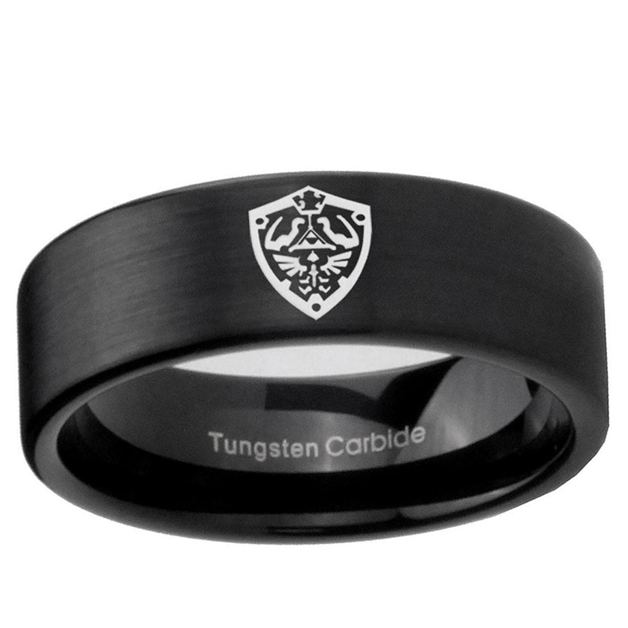 6mm Zelda Hylian Shield Pipe Cut Brush Black Tungsten Ring