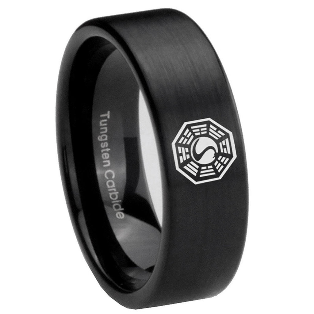 8mm Lost Dharma Pipe Cut Brush Black Tungsten Ring Engraved