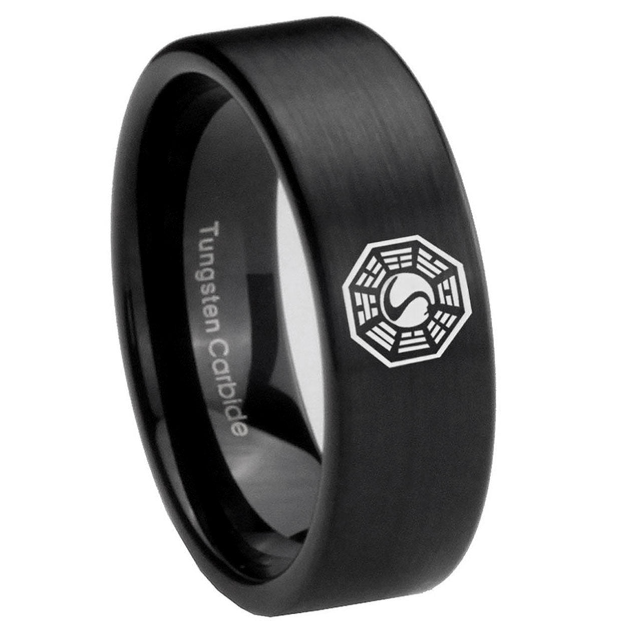 8mm Lost Dharma Pipe Cut Brush Black Tungsten Ring Engraved