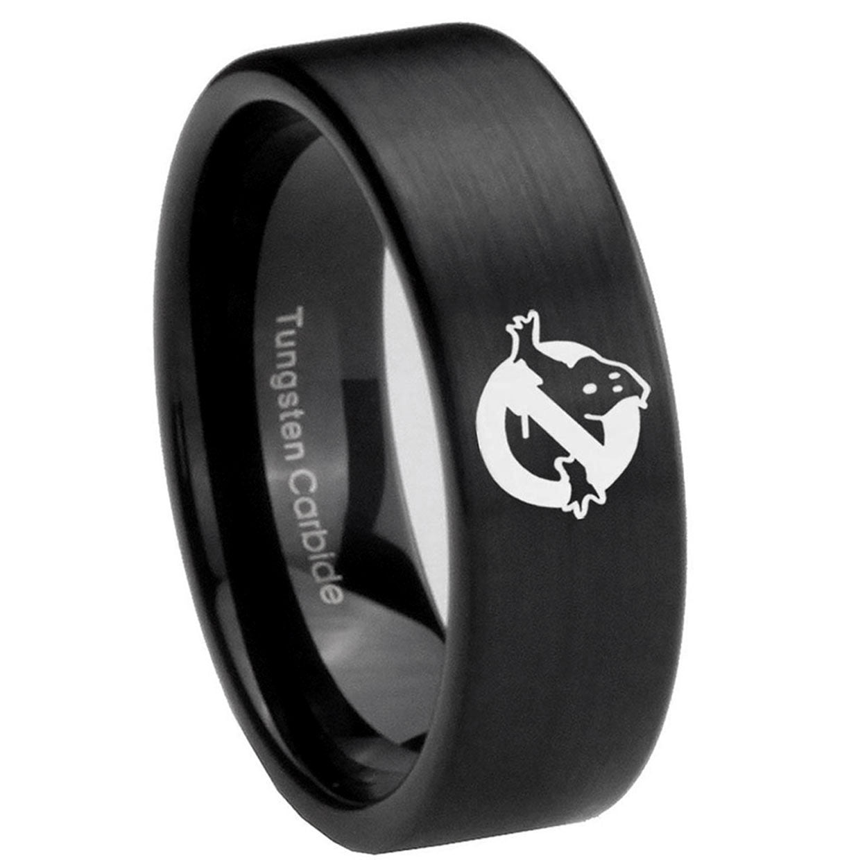 8mm Ghostbusters Pipe Cut Brush Black Tungsten Mens Ring