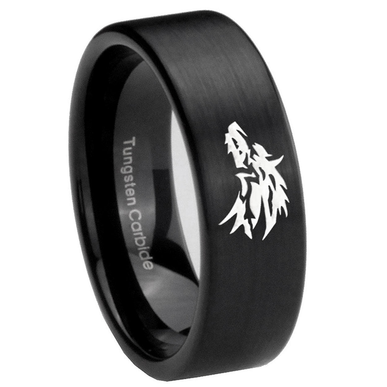 8mm Wolf Pipe Cut Brush Black Tungsten Personalized Ring