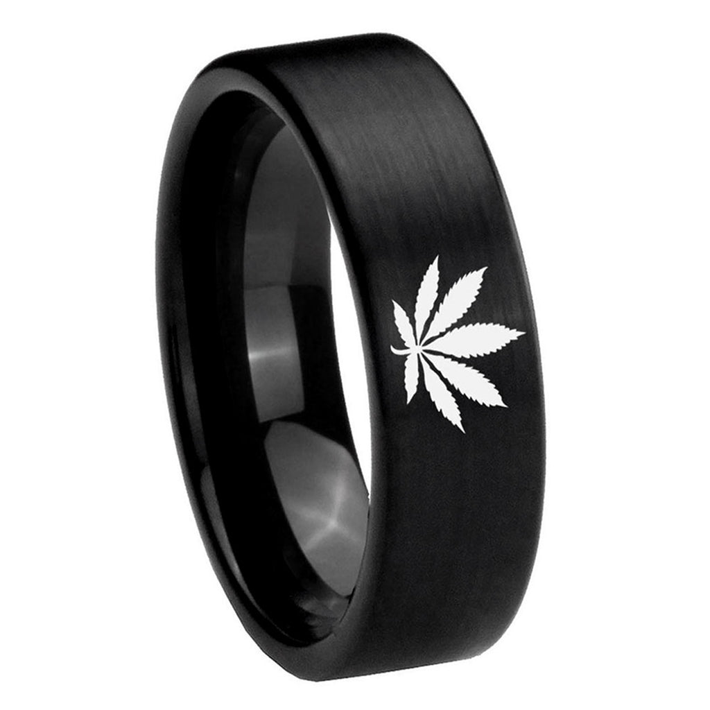 8mm Marijuana Leaf Pipe Cut Brush Black Tungsten Ring