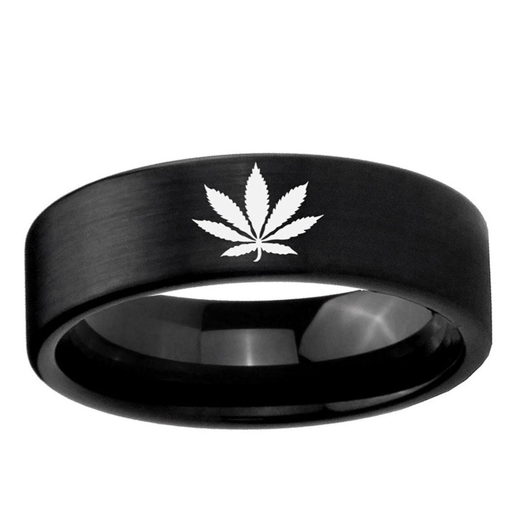 6mm Marijuana Leaf Pipe Cut Brush Black Tungsten Ring