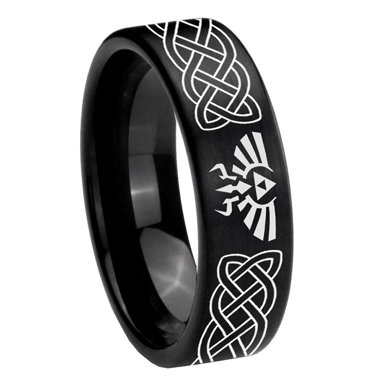 8mm Celtic Zelda Pipe Cut Brush Black Tungsten Ring