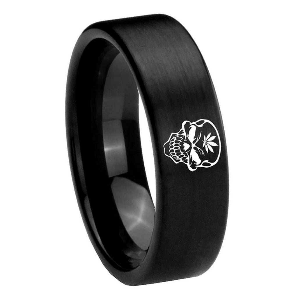 8mm Skull Marijuana Leaf Pipe Cut Brush Black Tungsten Ring