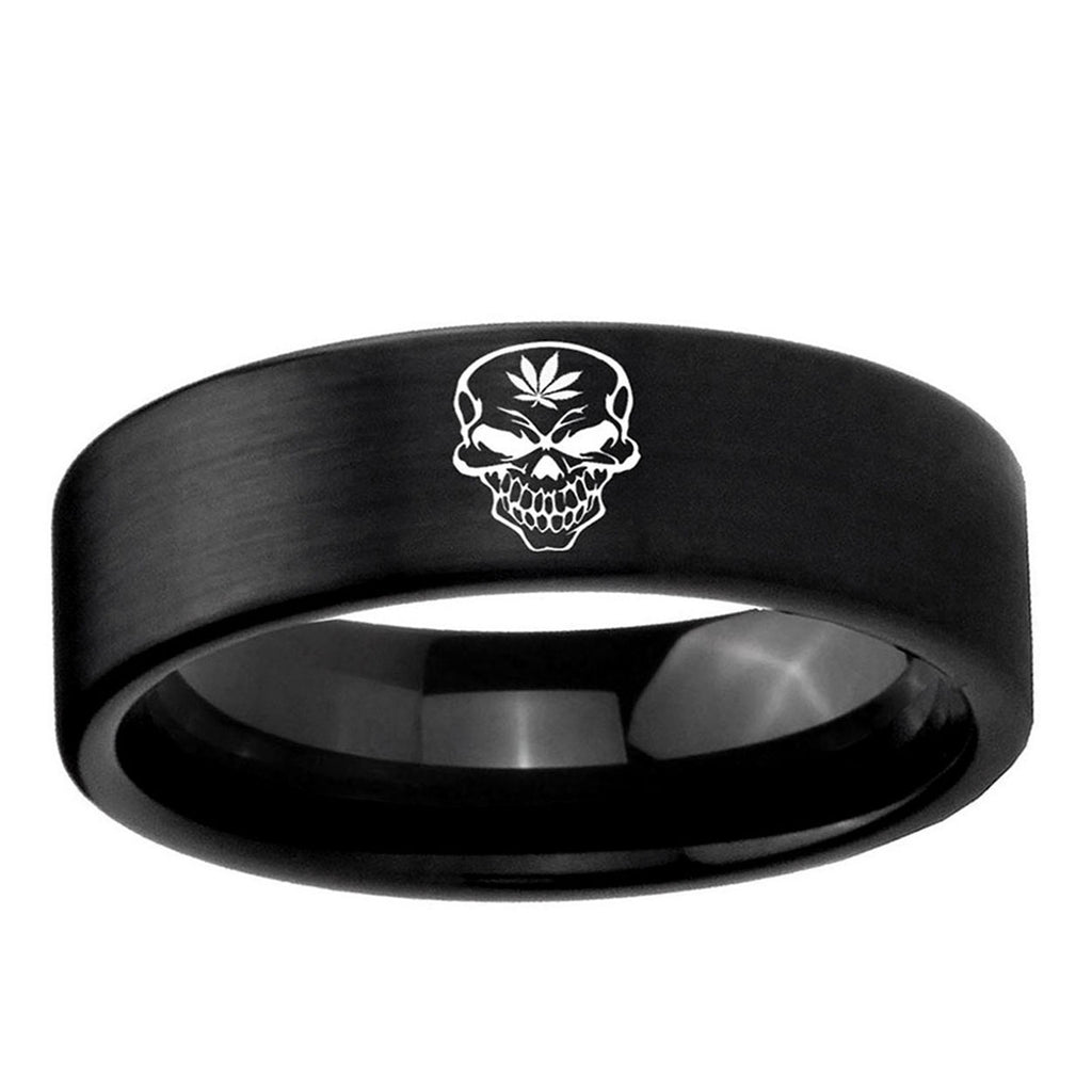 6mm Skull Marijuana Leaf Pipe Cut Brush Black Tungsten Ring