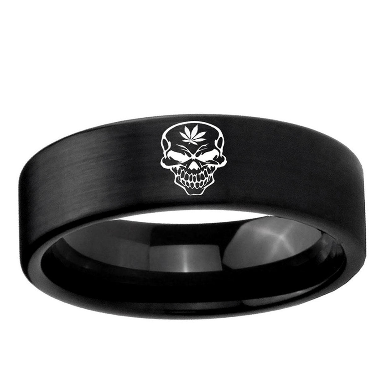 6mm Skull Marijuana Leaf Pipe Cut Brush Black Tungsten Ring