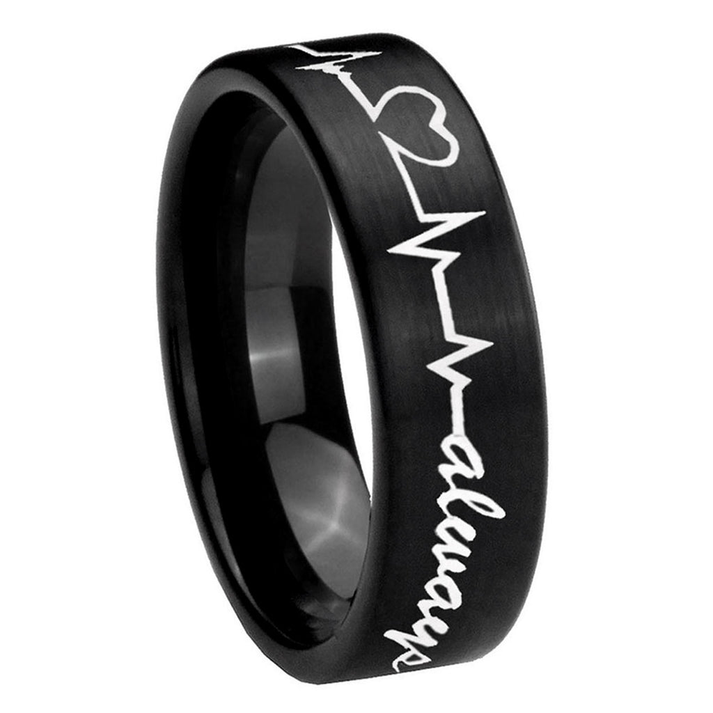 8mm Heart Beat forever Heart always Pipe Cut Black Tungsten Ring