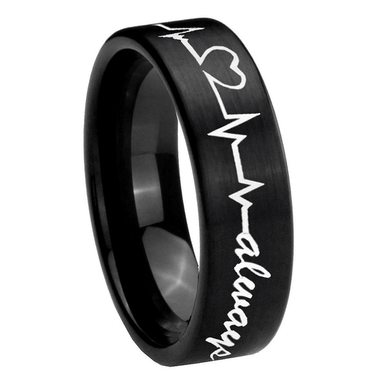 8mm Heart Beat forever Heart always Pipe Cut Black Tungsten Ring