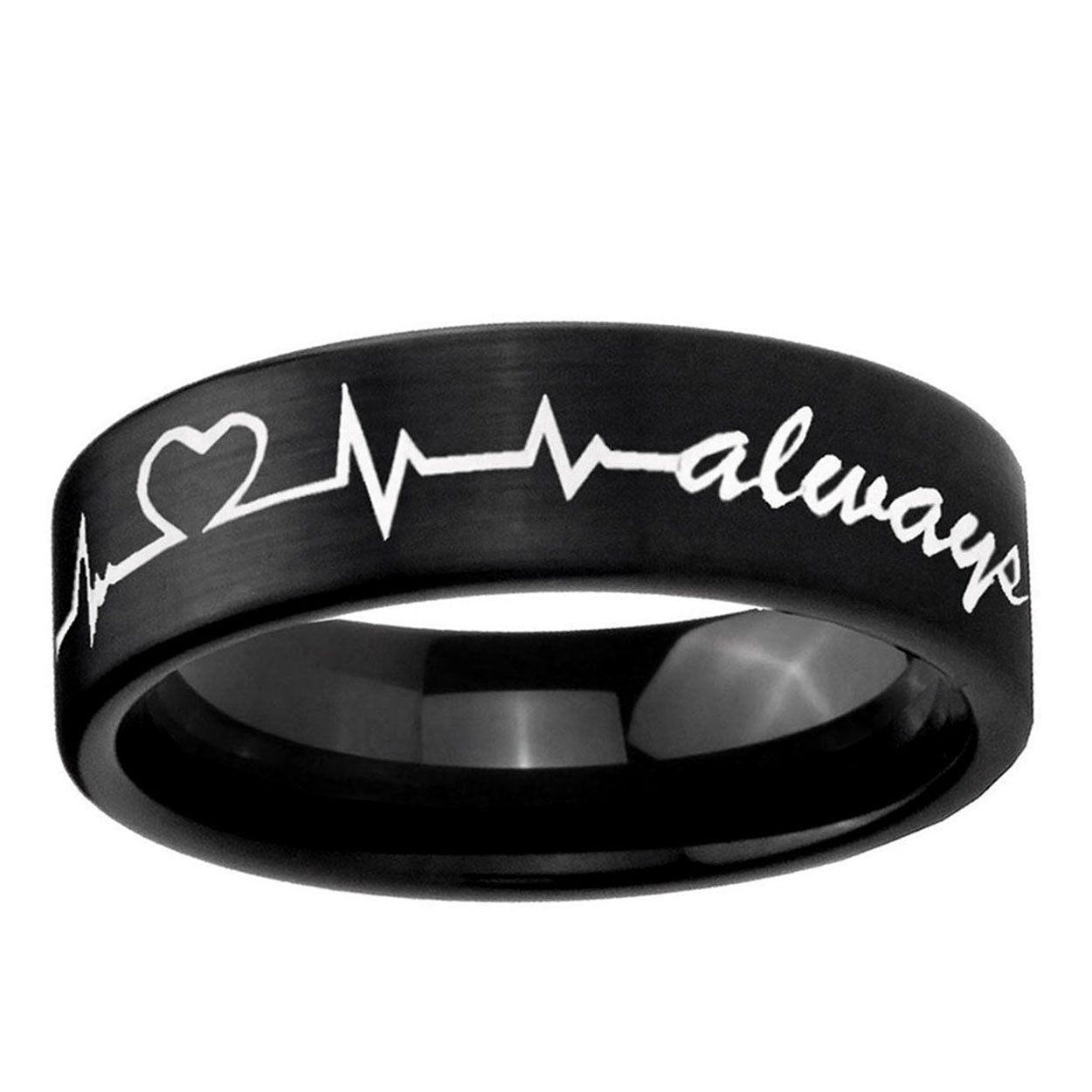 6mm Heart Beat forever Heart always Pipe Cut Black Tungsten Ring