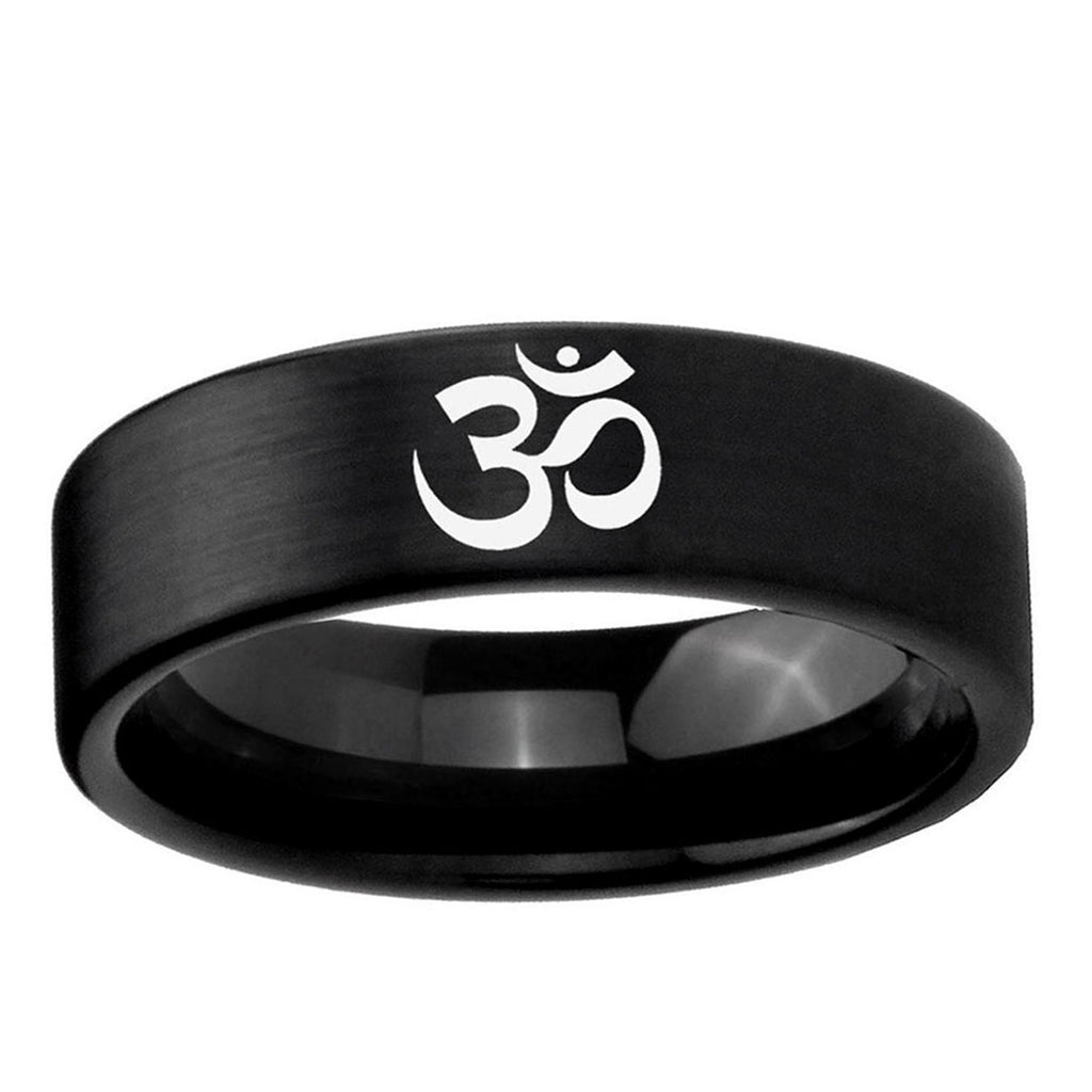 6mm Om Aum Yoga Pipe Cut Brush Black Tungsten Band