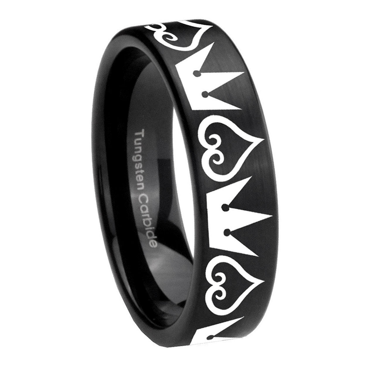 8mm Hearts Crowns Pipe Cut Brush Black Tungsten Ring