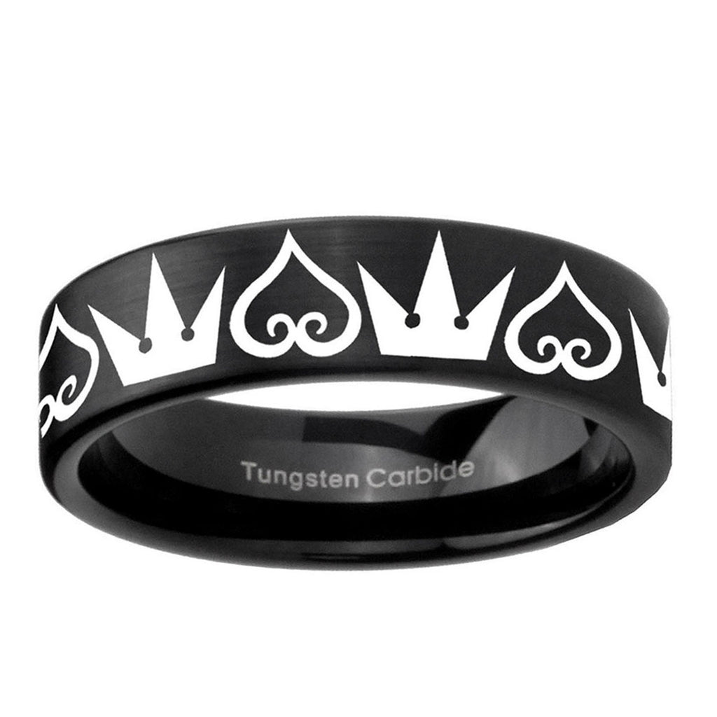 6mm Hearts Crowns Pipe Cut Brush Black Tungsten Ring