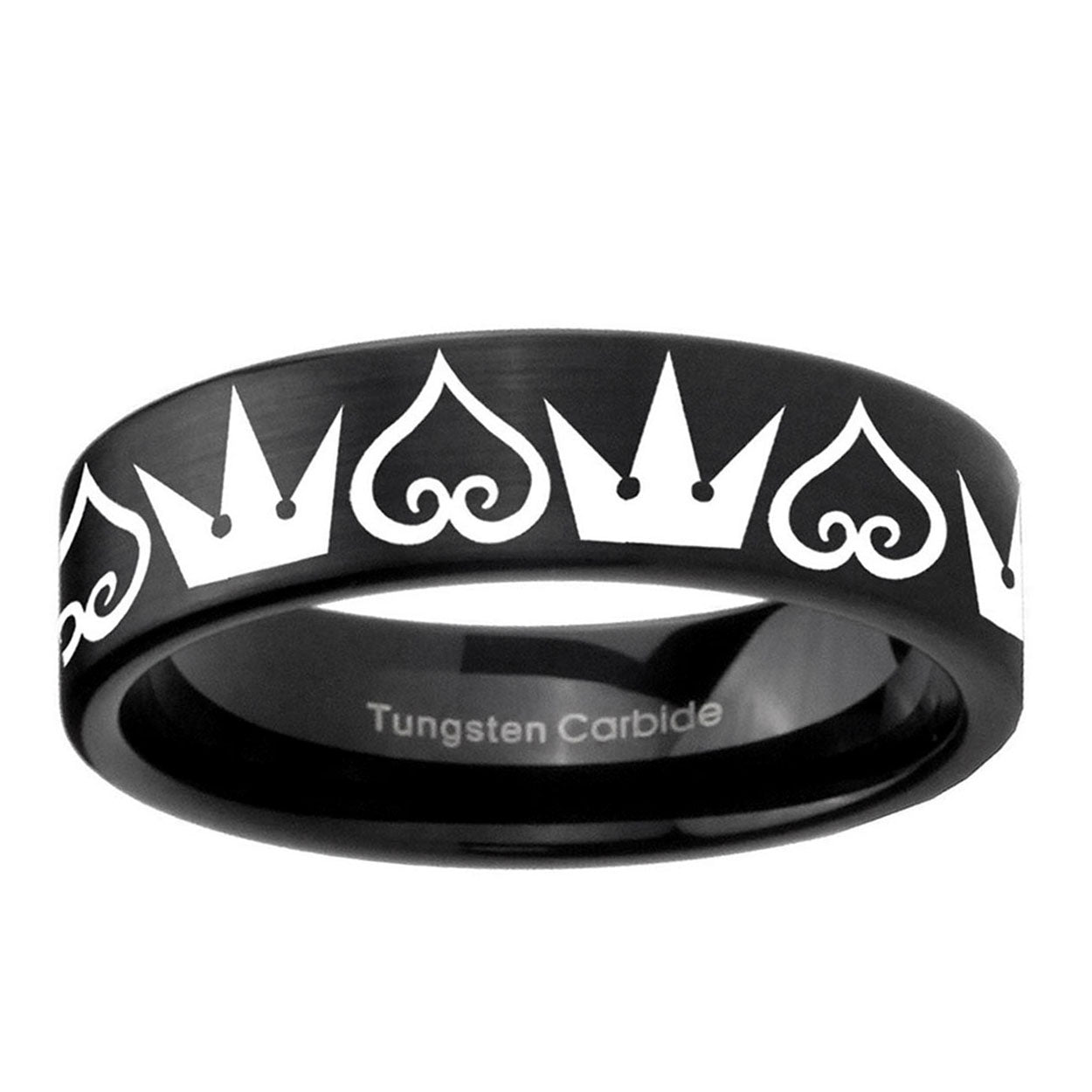 6mm Hearts Crowns Pipe Cut Brush Black Tungsten Ring