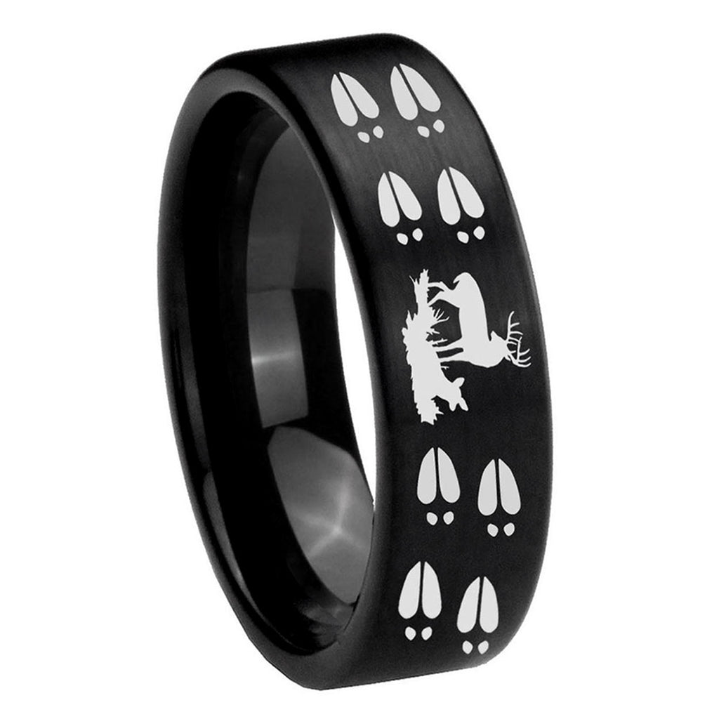 8mm Deer Hunting Tracks Pipe Cut Brush Black Tungsten Ring