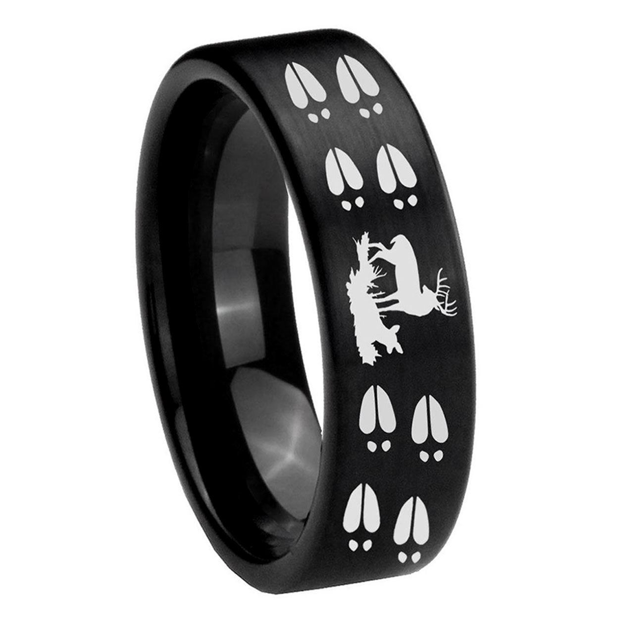 8mm Deer Hunting Tracks Pipe Cut Brush Black Tungsten Ring