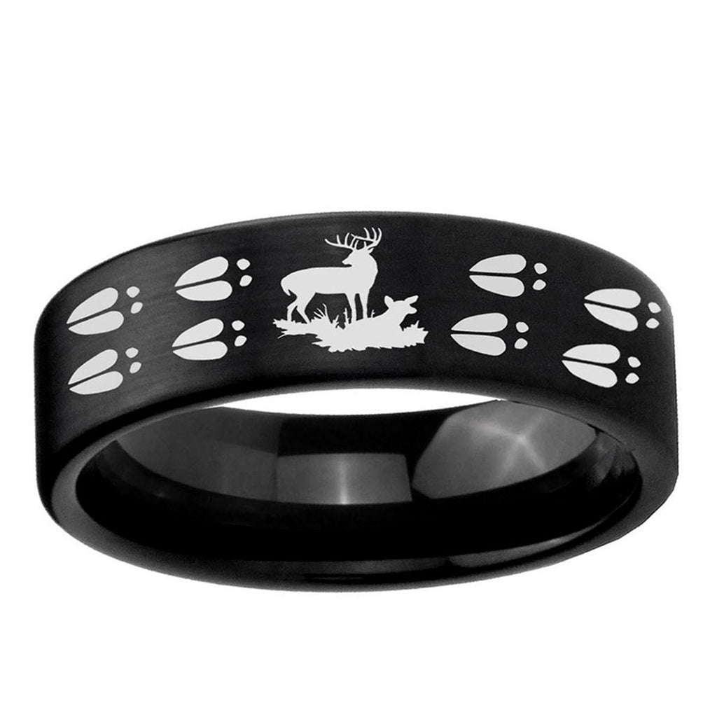 6mm Deer Hunting Tracks Pipe Cut Brush Black Tungsten Ring