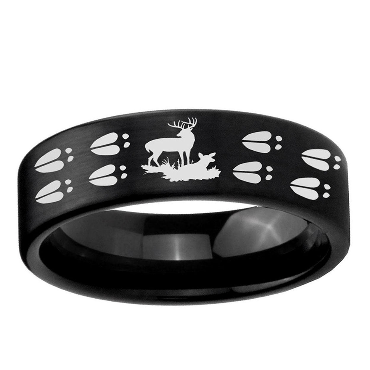 6mm Deer Hunting Tracks Pipe Cut Brush Black Tungsten Ring