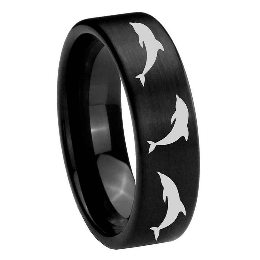 8mm Dolphins Pipe Cut Brush Black Tungsten Men's Ring
