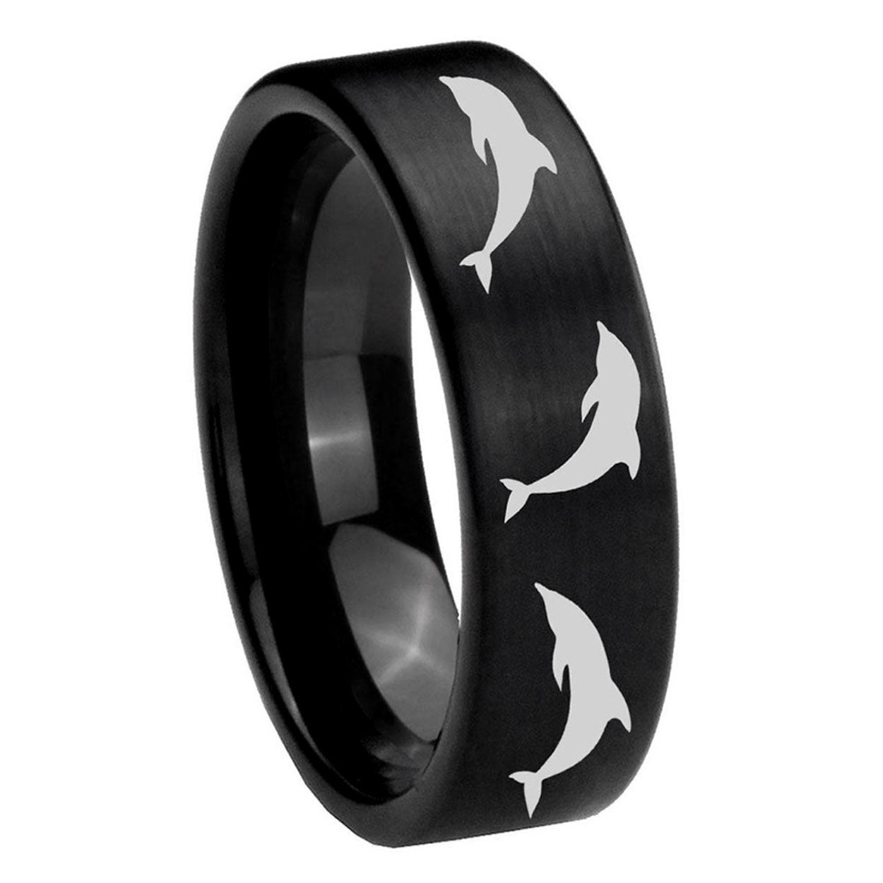 8mm Dolphins Pipe Cut Brush Black Tungsten Men's Ring