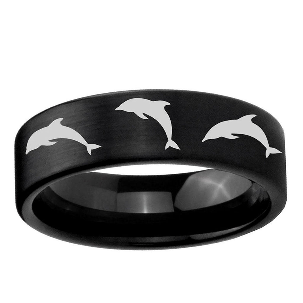 6mm Dolphins Pipe Cut Brush Black Tungsten Men's Ring