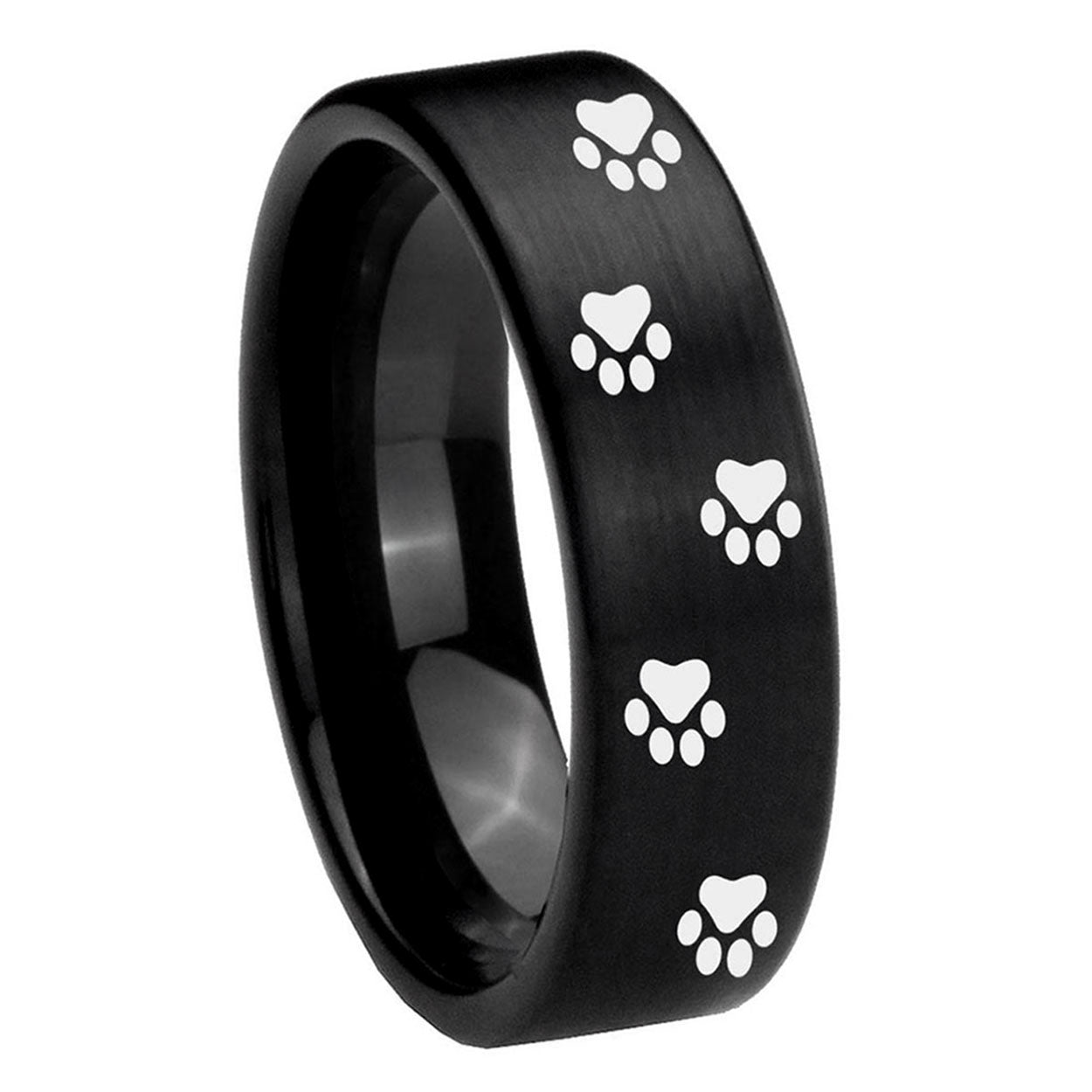 8mm Paw Print Pipe Cut Brush Black Tungsten Ring Engraved