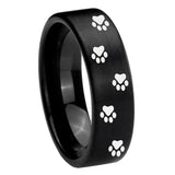 8mm Paw Print Pipe Cut Brush Black Tungsten Carbide Mens Ring Engraved