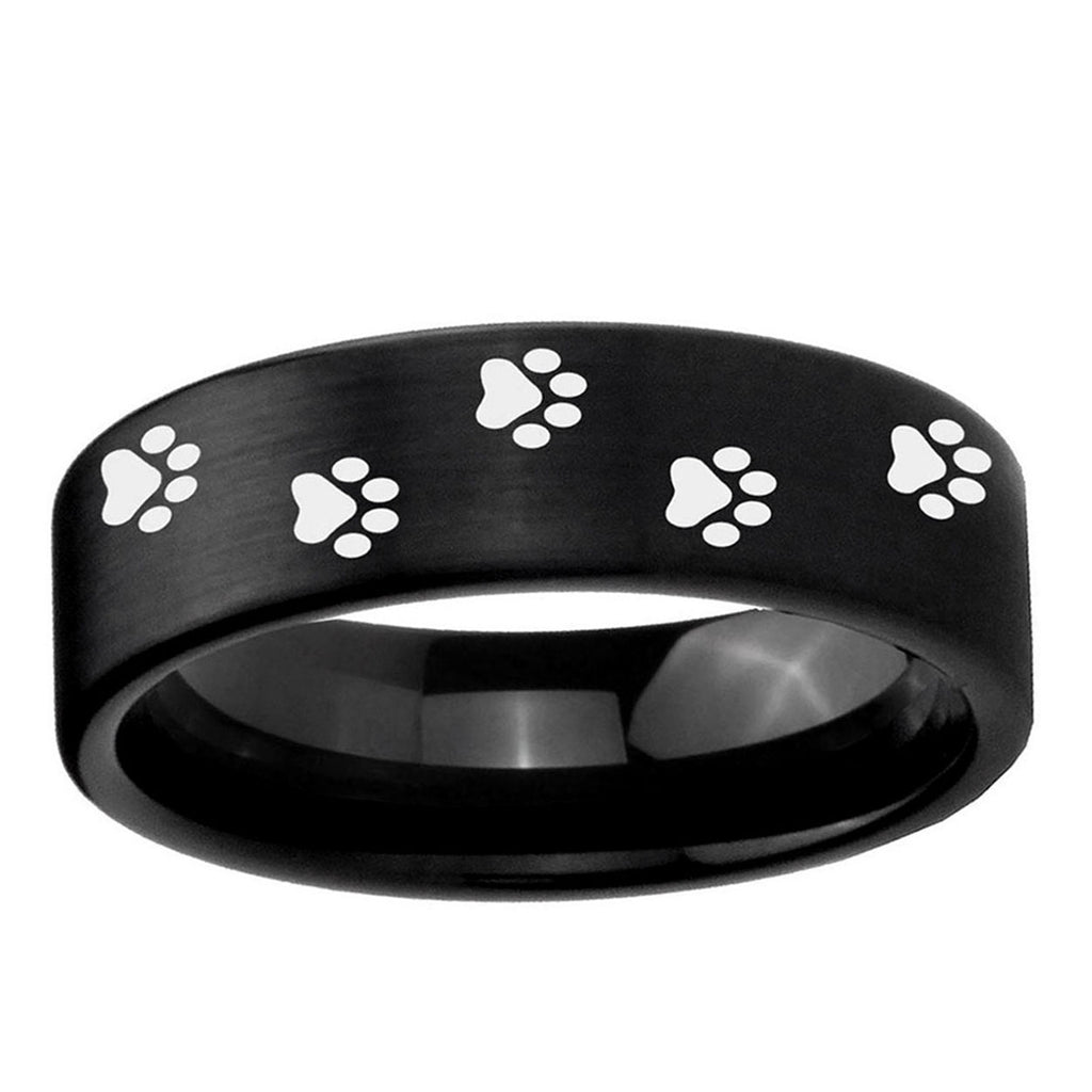 6mm Paw Print Pipe Cut Brush Black Tungsten Ring Engraved