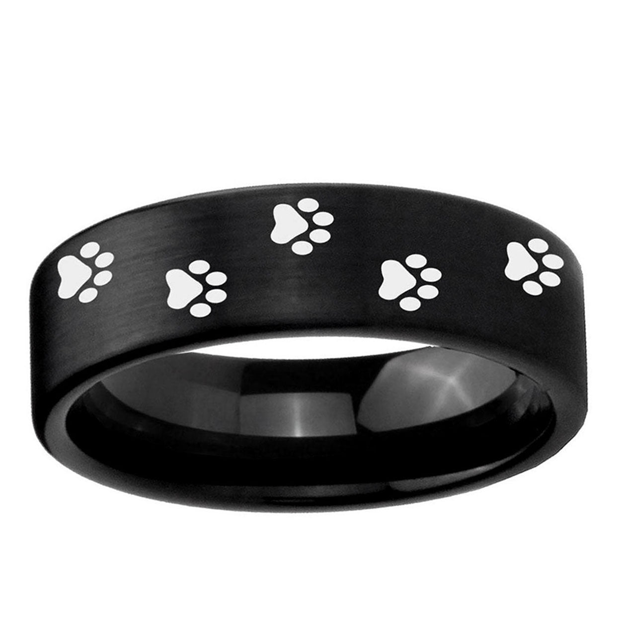 6mm Paw Print Pipe Cut Brush Black Tungsten Ring Engraved