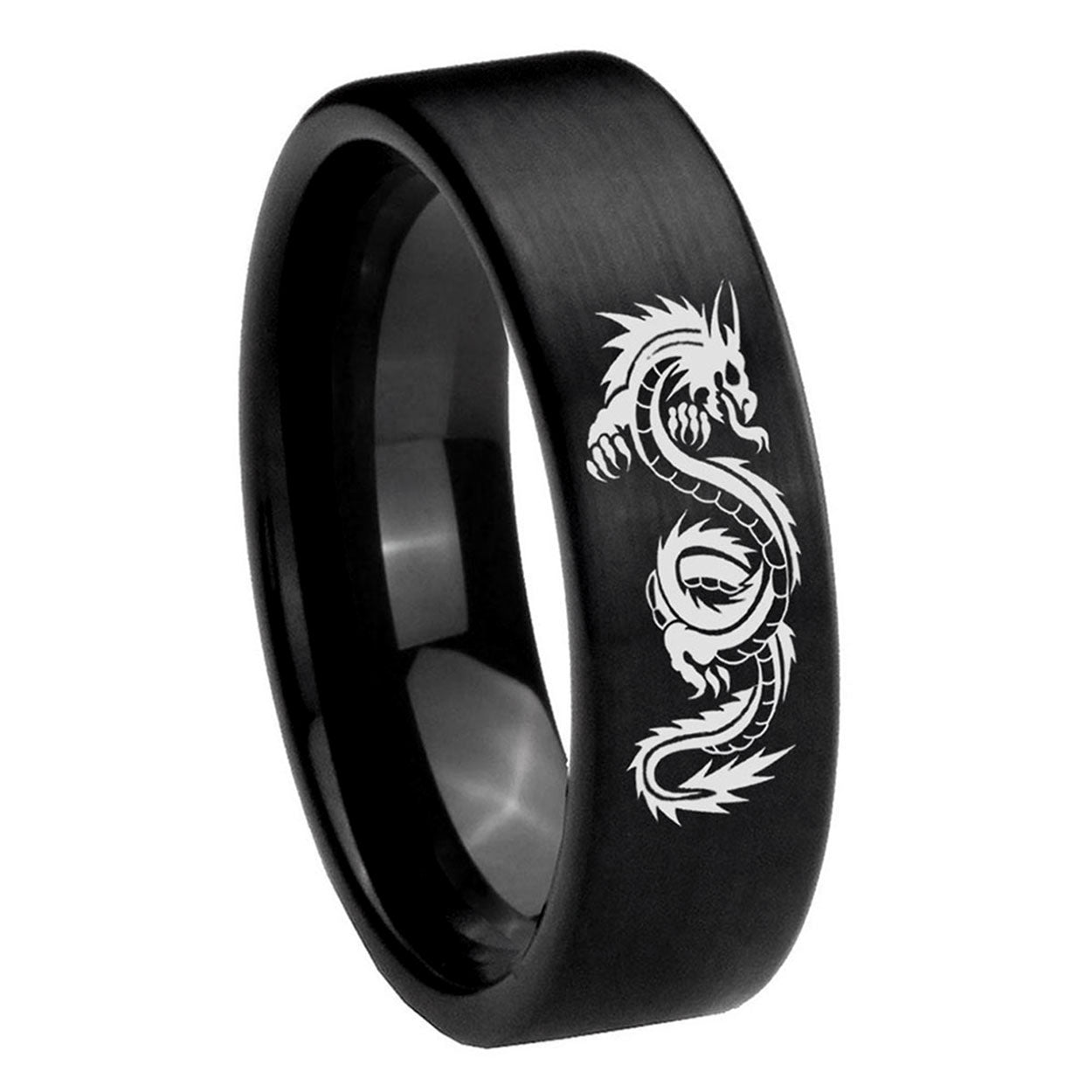 8mm Dragon Pipe Cut Brush Black Tungsten Personalized Ring